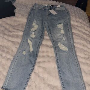 Judy, blue mid rise boyfriend fit distressed, light wash jeans